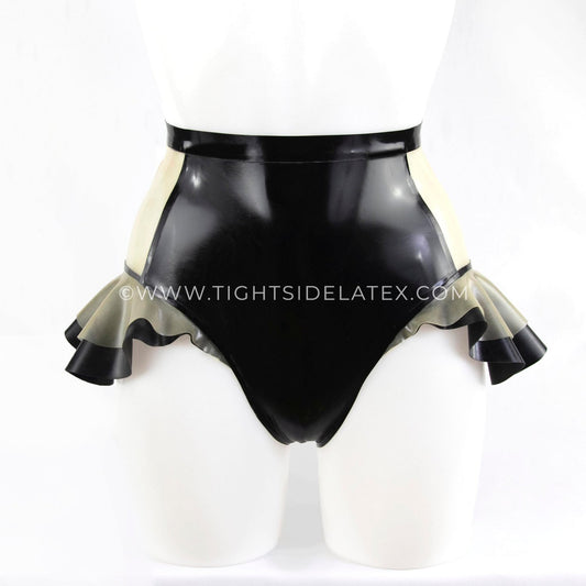 Latex Briefs With Sheer Panels And Leg Frills