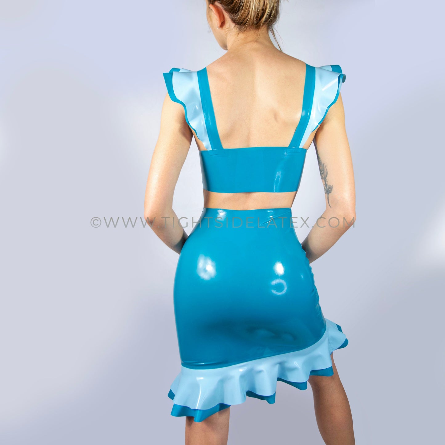 Teal Blue Latex Dress With Double Ruffle Detail