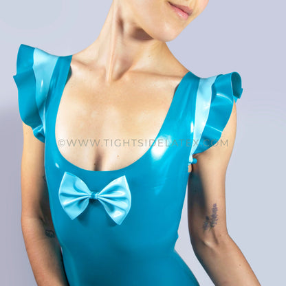 Teal Blue Latex Dress With Double Ruffle Detail