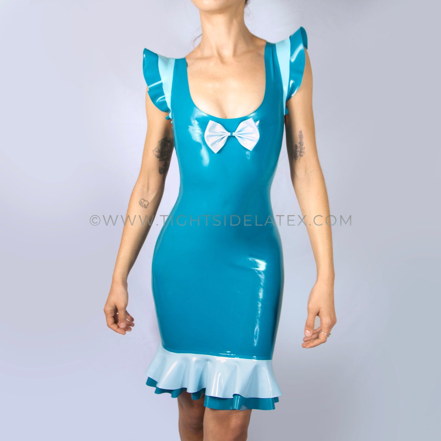 Teal Blue Latex Dress With Double Ruffle Detail