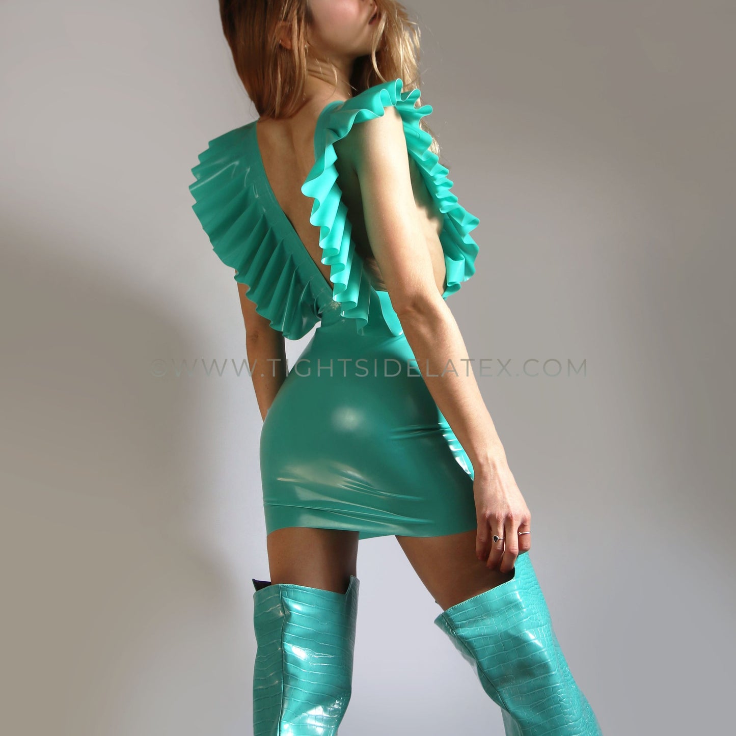 Latex Mini Dress With Pleated Shoulder Detail