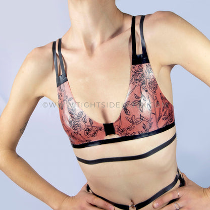 Latex Strappy Bralette With Floral Design